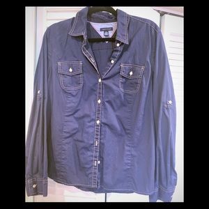 Chambray shirt roll up tab sleeves.